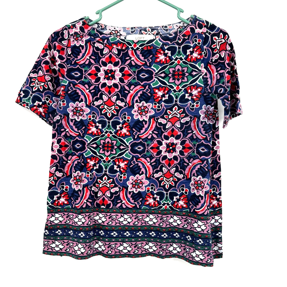 Loft size XS short sleeve blouse top shirt floral all over print purple pink red